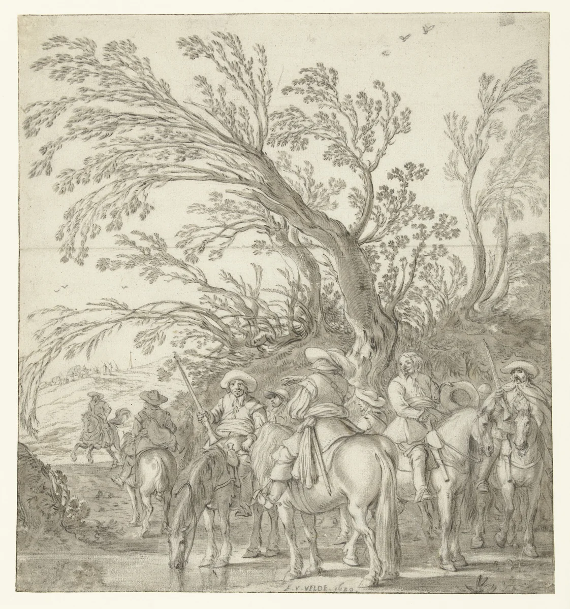 Struikrovers of soldaten bij een drenkplaats by Esaias van de Velde, drawing, 1630