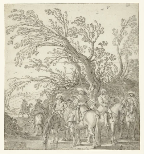 Struikrovers of soldaten bij een drenkplaats by Esaias van de Velde, drawing, 1630