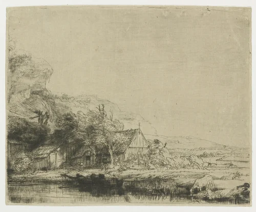Landscape with a cow drinking by Rembrandt van Rijn, print, 1650