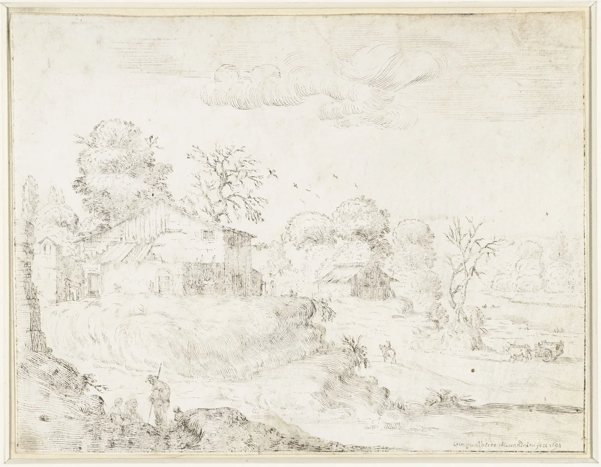 Heuvelachtig landschap met enkele boerderijen by anonymous, drawing, 1600-1699