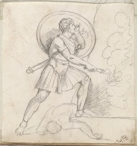 Warrior with a Shield and Torch by Jacques-Louis David, drawing, 1775-1780