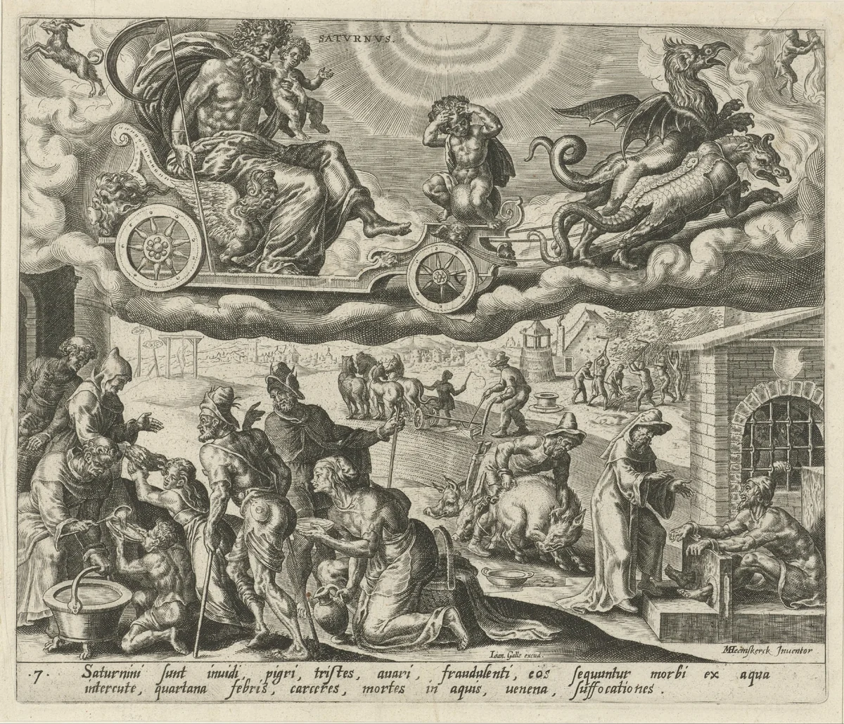 De planeet Saturnus en zijn kinderen by Harmen Jansz Muller, print, 1566-1570