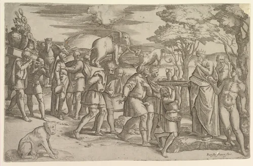 Melchizadek offering bread and wine to Abraham by Battista Franco, print, 1540-1566