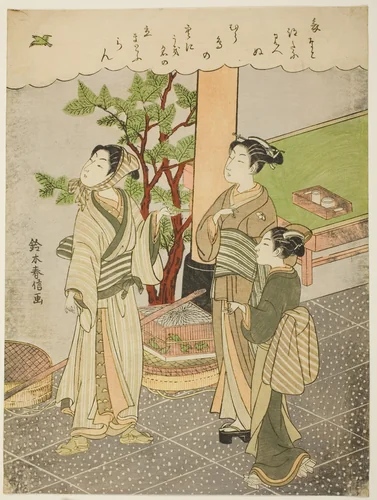 Freeing a captured bird by Suzuki Harunobu (鈴木春信), print, 1764-1770