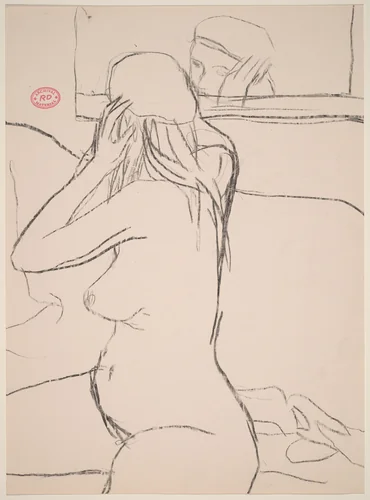 Untitled [female nude adjusting her cap in a mirror] by Richard Diebenkorn, drawing, 1955-1967