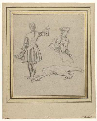 Studieblad met een staande man, een halffiguur van een ruiter en een hand by Charles Parrocel, drawing, 1698-1752
