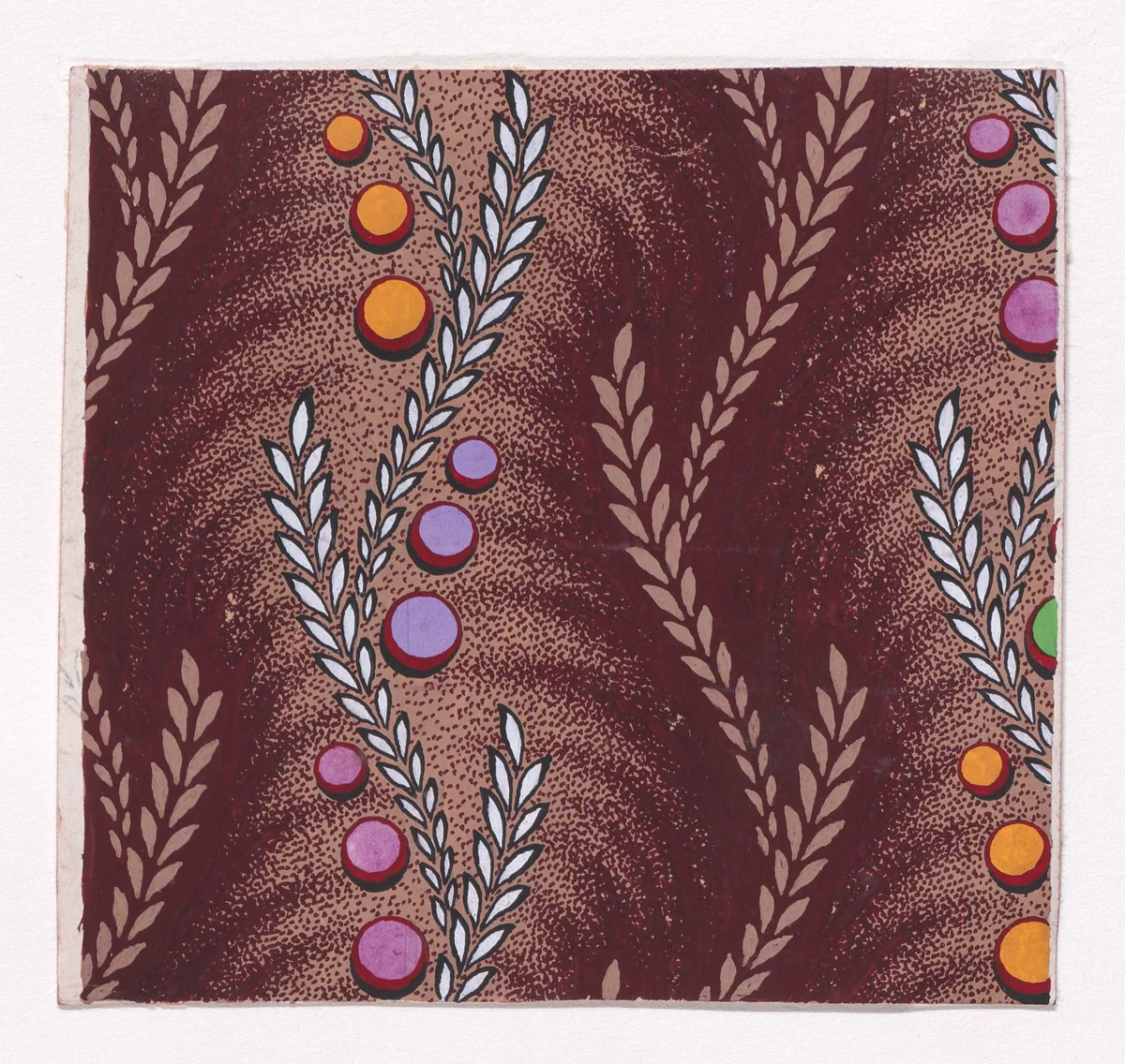 Textile Design with Alternating Vertical Stripes of Undulating Wheat Ears and Undulating Wheat Ears with Circles by anonymous, drawing, 1840