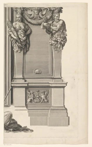 Offer op tempelplein in monumentale omlijsting (deel rechtsonder) by François Spierre, print, 1649-1681