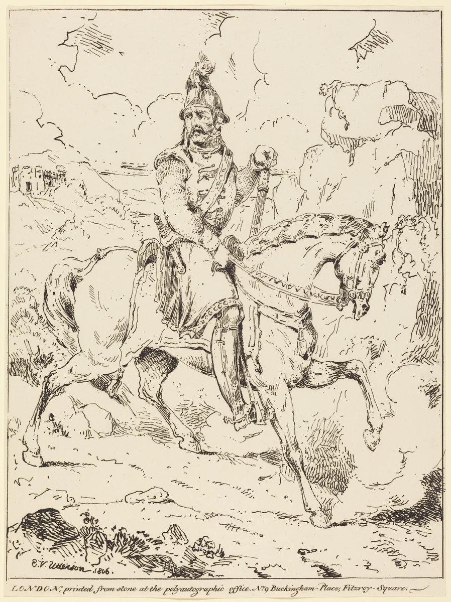Knight in Armor on Horseback by Edward Vernon Utterson, print, 1806