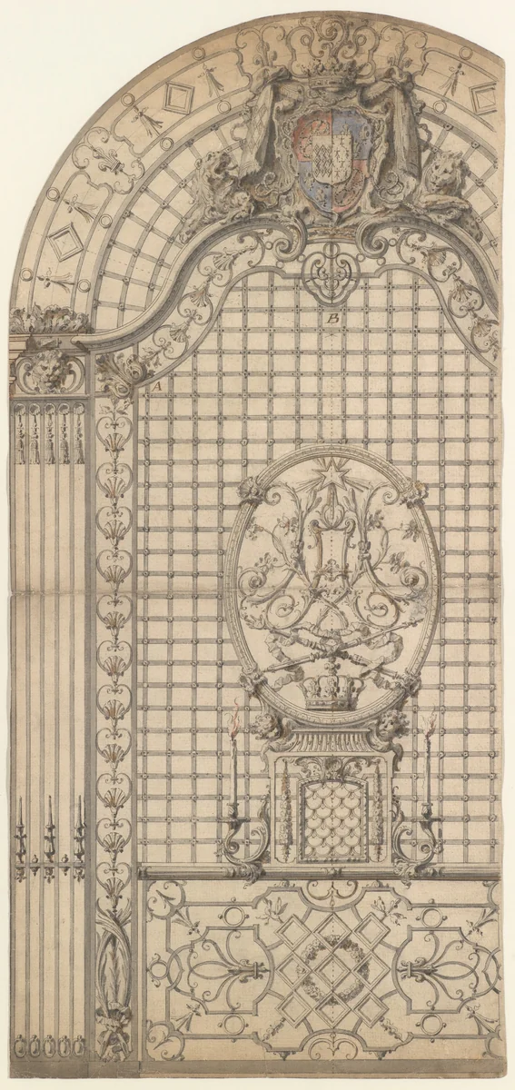 Design for the Wrought-Iron Entrance Grille of a Chapel by Gilles Marie Oppenord, drawing, 1700-1720