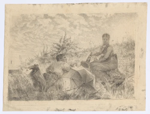 A countryside picnic in the sun by Marie Bracquemond, drawing, 1877-1887