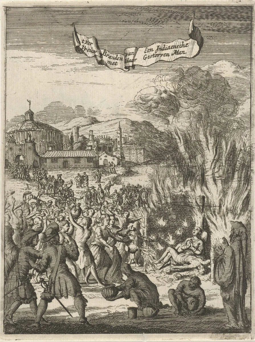 Indiase vrouw wordt samen met haar overleden man verbrand by Jan Luyken, print, 1681