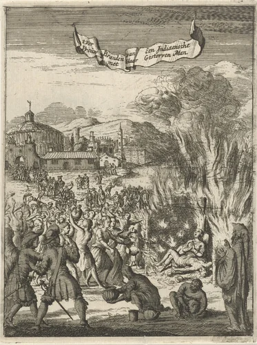Indiase vrouw wordt samen met haar overleden man verbrand by Jan Luyken, print, 1681