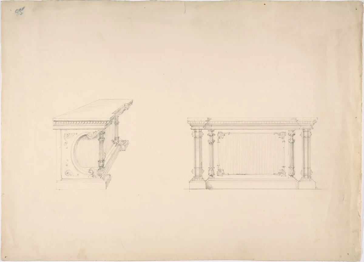 Design for a Cabinet with Columns and Inset Fabric Panels: Elevation and Side View by anonymous, drawing, 1800-1850