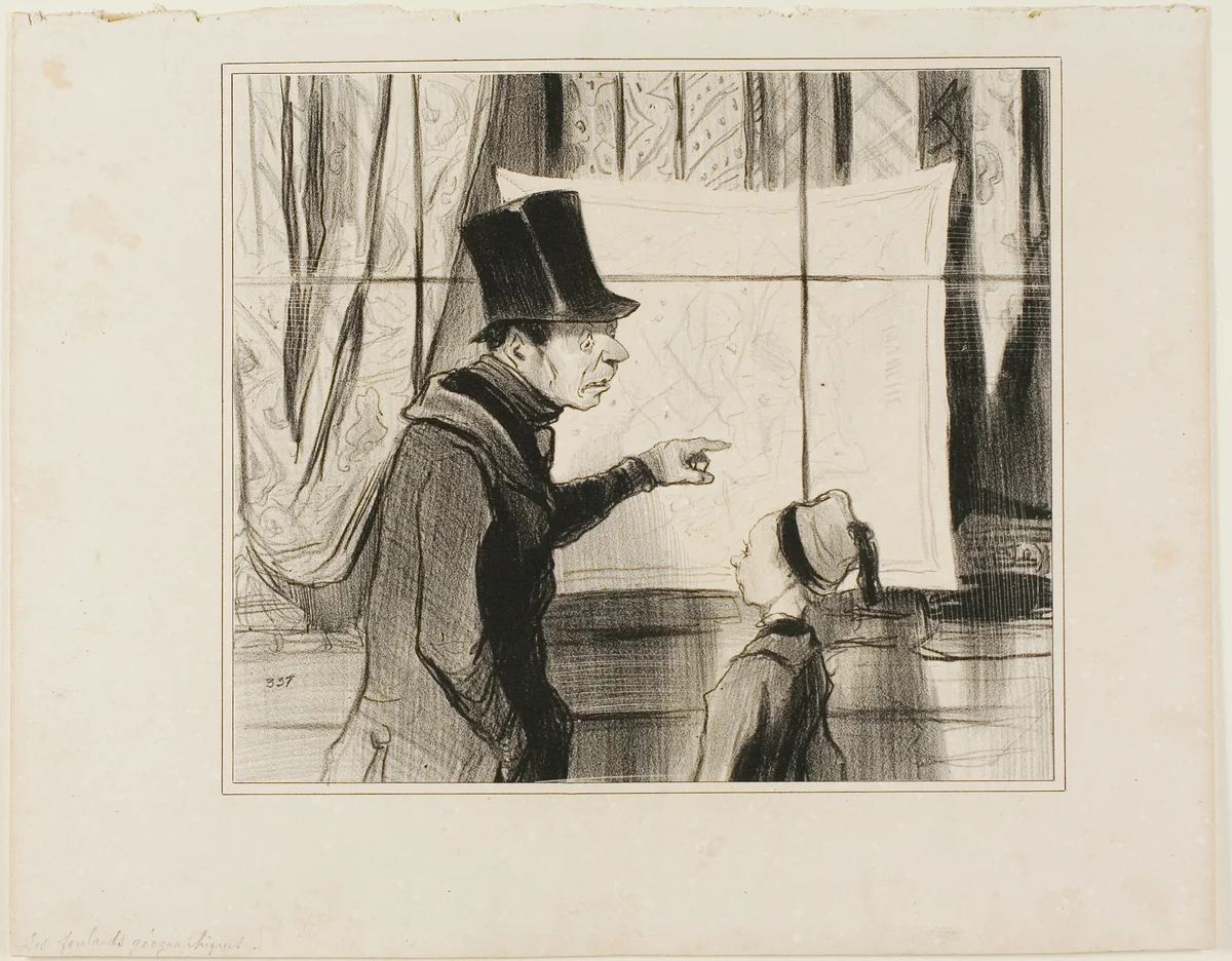 Geogaphic Scarves. "Look Dodolphe, this is really the last sacrifice I'll do for your education... if you still don't get your geography right, it means you are completely clogged up... this time I'll stick your nose into it. To start with, you'll just need to make sure during the first day to only blow your nose in Normandy.... I'll slap you in the face if you blow your nose in the Channel!," plate 89 from Actualités by Honoré-Victorin Daumier, print, 1842