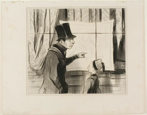 Geogaphic Scarves. "Look Dodolphe, this is really the last sacrifice I'll do for your education... if you still don't get your geography right, it means you are completely clogged up... this time I'll stick your nose into it. To start with, you'll just need to make sure during the first day to only blow your nose in Normandy.... I'll slap you in the face if you blow your nose in the Channel!," plate 89 from Actualités by Honoré-Victorin Daumier, print, 1842