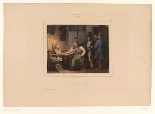 Drie vrienden vragen een student om mee uit te gaan by Jules David, print, 1836