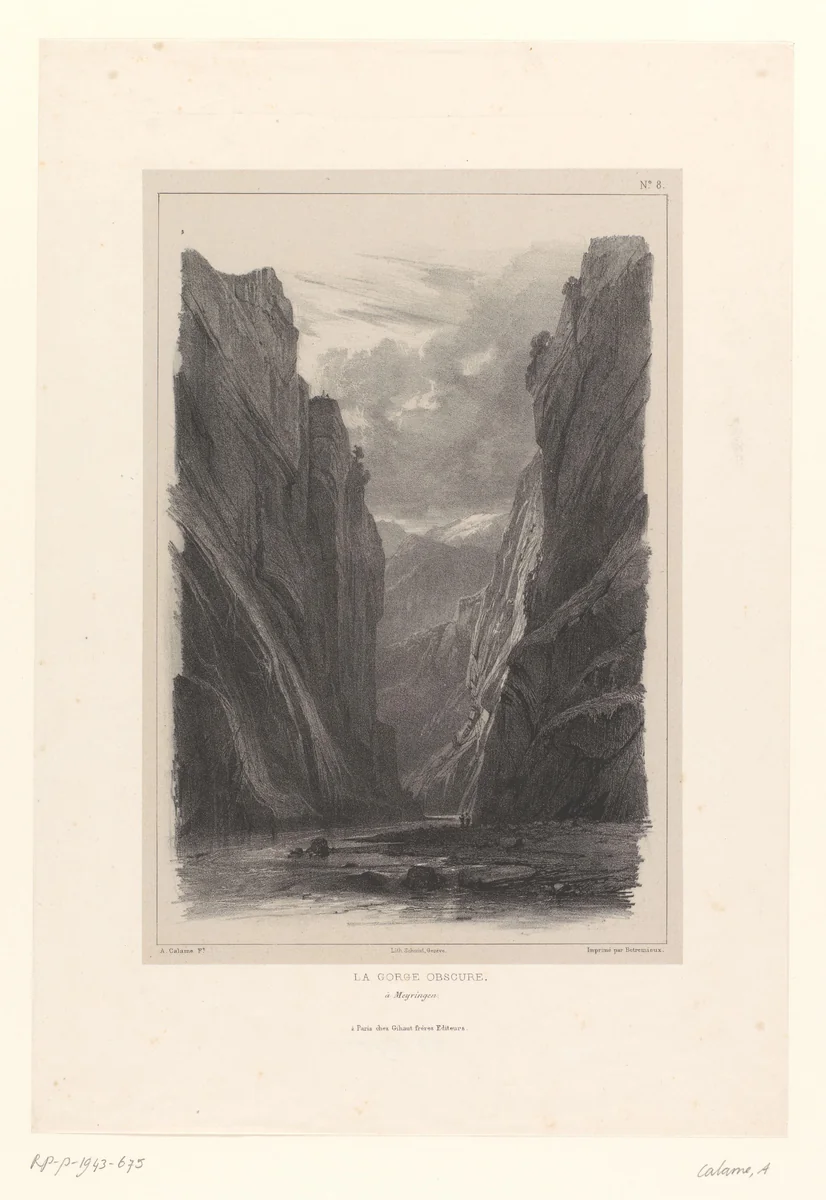 Zicht op de Aareschlucht bij Meiringen by Alexandre Calame, print, 1842