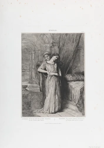 "If I do die before thee, pr'ythee shroud me in one of those same sheets": plate 8 from Othello (Act 4, Scene 3) by Théodore Chassériau, print, 1844