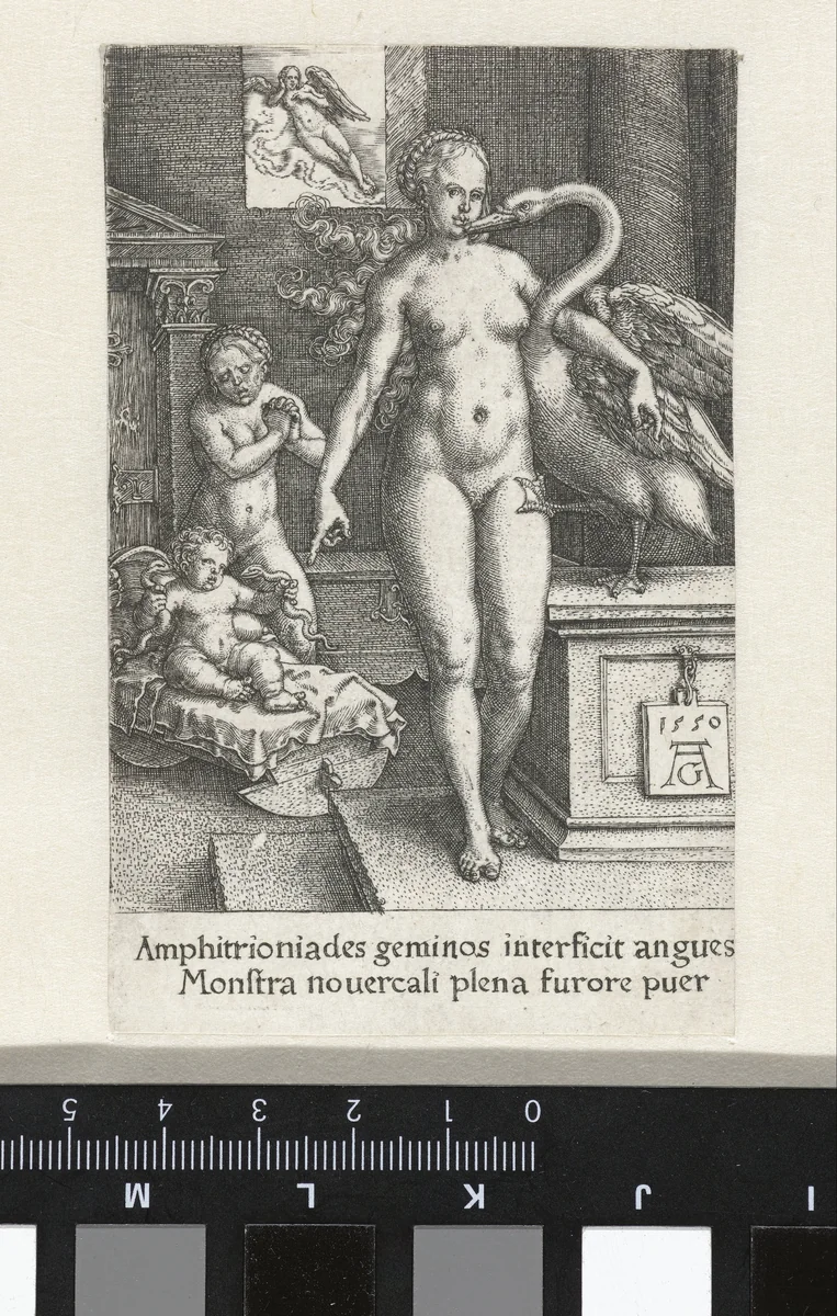 Hercules als kind in de wieg wurgt slangen by Unknown, print, 1550