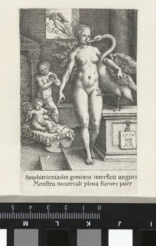 Hercules als kind in de wieg wurgt slangen by Unknown, print, 1550