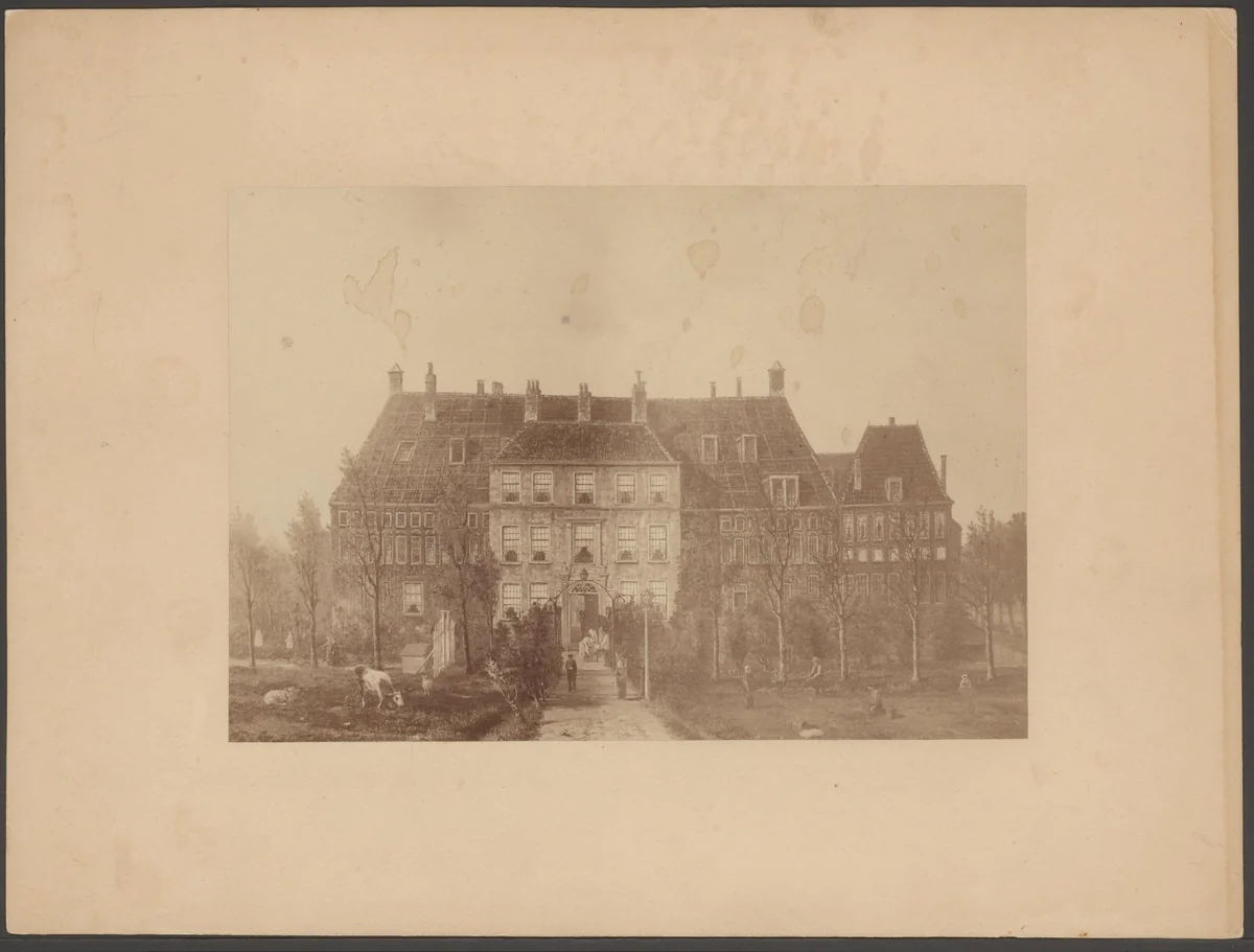 Fotoreproductie van een schilderij van een gezicht op het Buitengasthuis bij Amsterdam by anonymous, photograph, 1860-1900