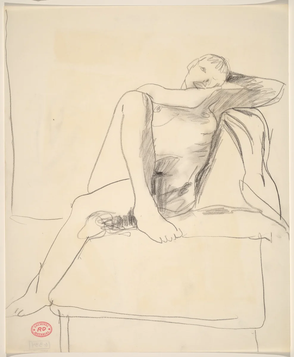 Untitled [female nude seated cross-legged on a stand] by Richard Diebenkorn, drawing, 1955-1967