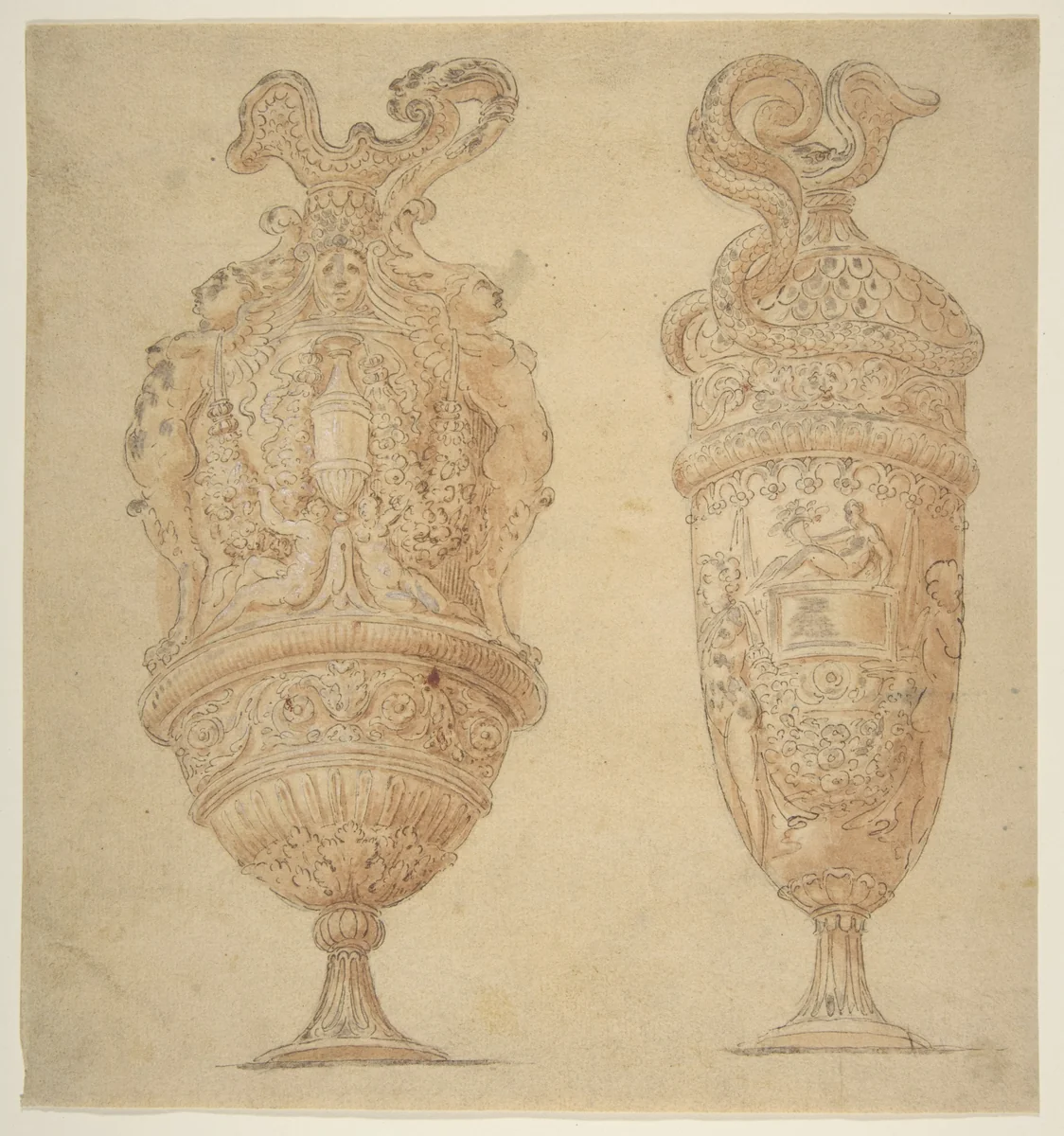 Two Urns Decorated with Human Figures, Animals and Garlands by Polidoro da Caravaggio, drawing, 1494-1548