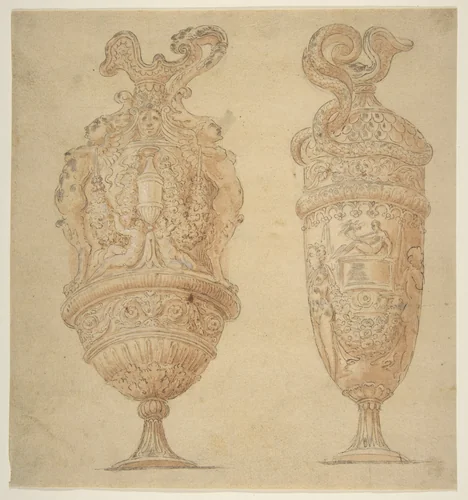 Two Urns Decorated with Human Figures, Animals and Garlands by Polidoro da Caravaggio, drawing, 1494-1548