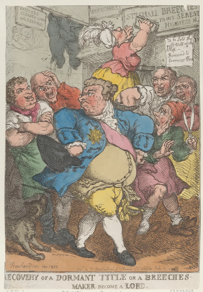 Recovery from a Dormant Title or a Breeches Maker Become a Lord by Thomas Rowlandson, print, 1805-1812