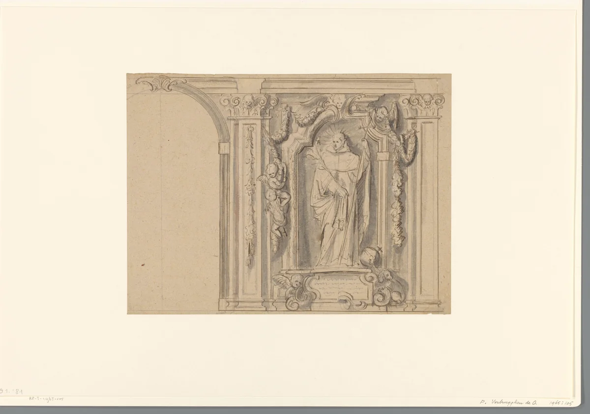 Ontwerp voor een muurnis met een staande heilige by Pieter Verbruggen, drawing, 1619-1686