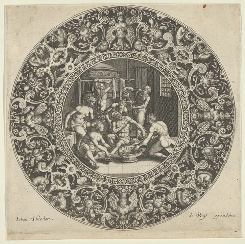 Sardanapal in the Bath by Johann Theodor de Bry, print, 1576-1623