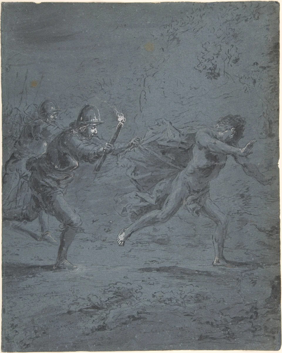 Night scene with soldiers chasing a fugitive (Mark XIV, 5-52) by Leonaert Bramer, drawing, 1611-1674