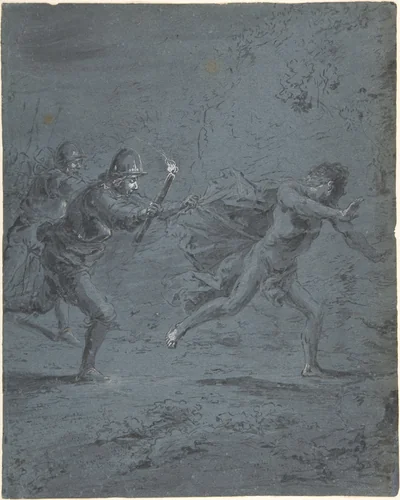 Night scene with soldiers chasing a fugitive (Mark XIV, 5-52) by Leonaert Bramer, drawing, 1611-1674
