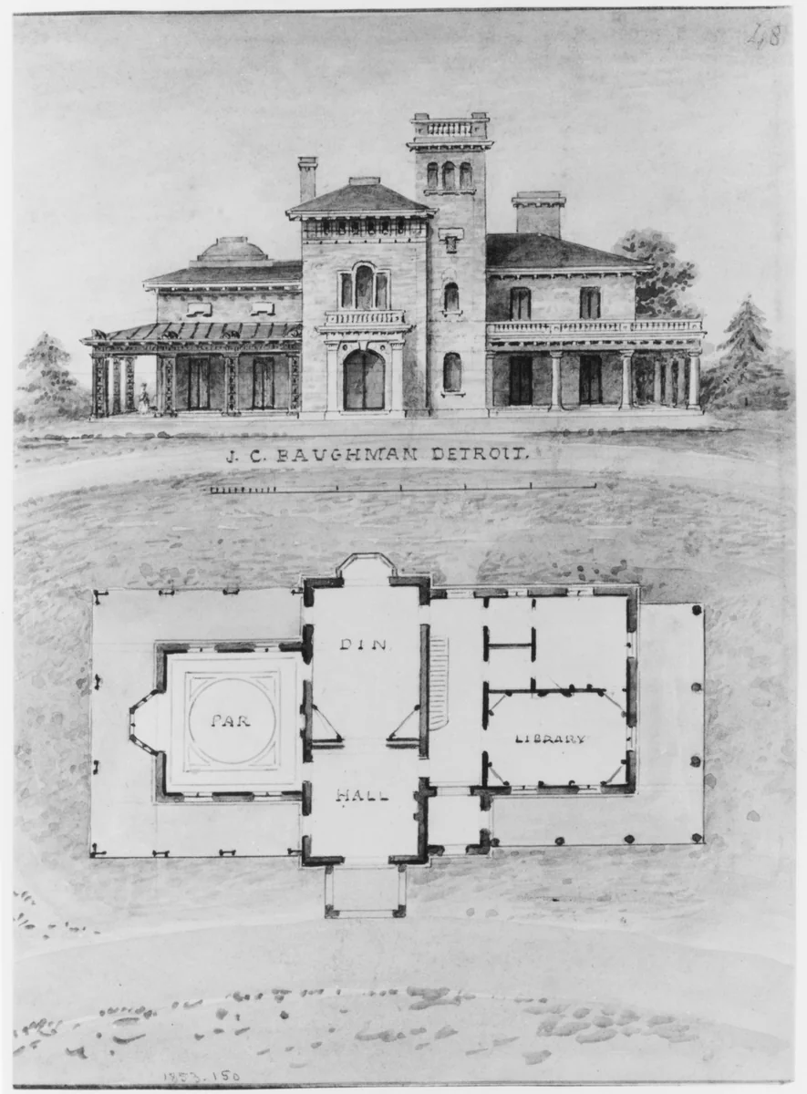 The J. C. Baughman (Scotten) House, Detroit, Michigan (front elevation and plan) by Alexander Jackson Davis, drawing, 1835-1892