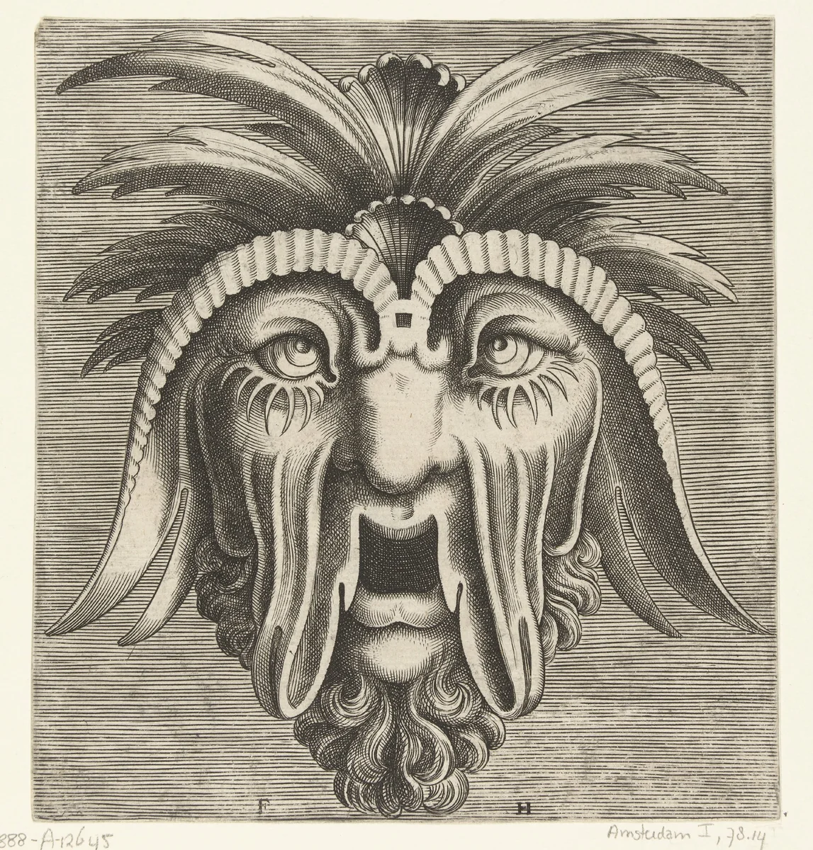 Masker met een openhangende, tandeloze mond, uitgezakte wangen en kuiven op het hoofd by Unknown, print, 1555