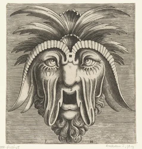 Masker met een openhangende, tandeloze mond, uitgezakte wangen en kuiven op het hoofd by Unknown, print, 1555