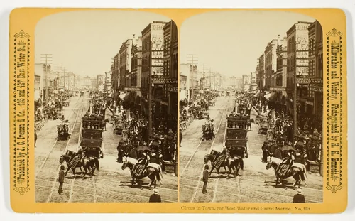 Circus in Town, cor West Water and Grand Avenue, No. 932 from the series "Milwaukee and Vicinity" by Henry Hamilton Bennett, photograph, 1880-1889