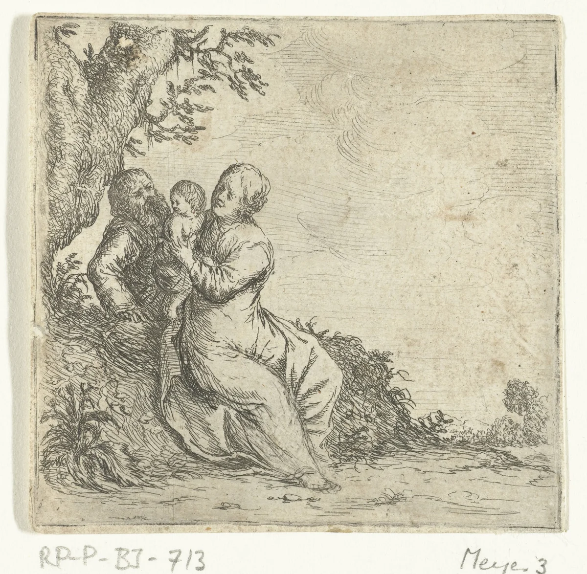 De heilige familie rustend onder een boom by Willem Basse, print, 1633-1672