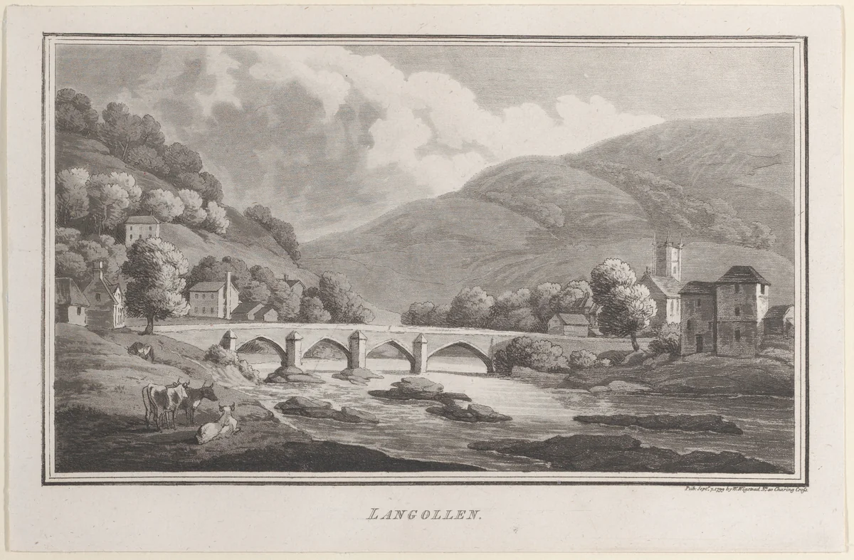 Langollen, from "Remarks on a Tour to North and South Wales, in the year 1797" by John Hill, print, 1799