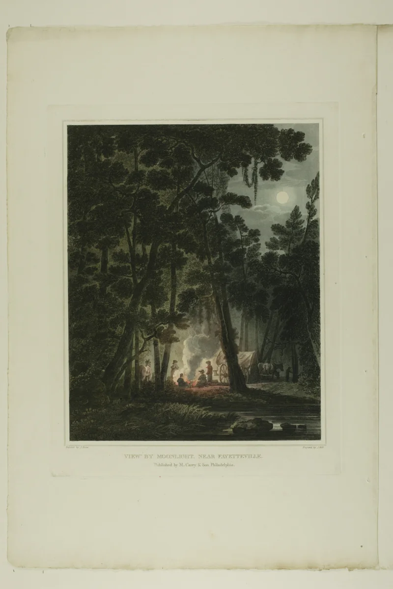 View By Moonlight, Near Fayetteville, plate three of the second number of Picturesque Views of American Scenery by Joshua Shaw, print, 1819-1821