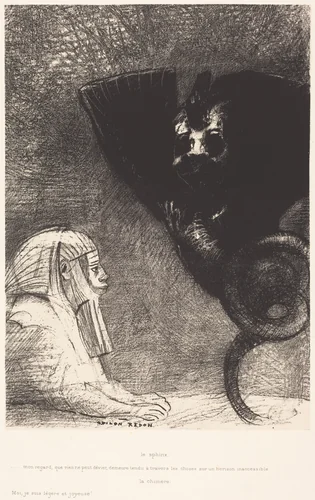 Le Sphynx...mon regard que rien ne peut devier, demeure tendu a travers les choses sur un horizon inaccessible. La Chimere: Moi,Je suis legere et joyeuse (The Sphinx: "My gaze, which nothing can deflect, passes through the things and remains fixed on an inaccessible horizon." The Chimera: "I am weightless and joyful") by Odilon Redon, print, 1889