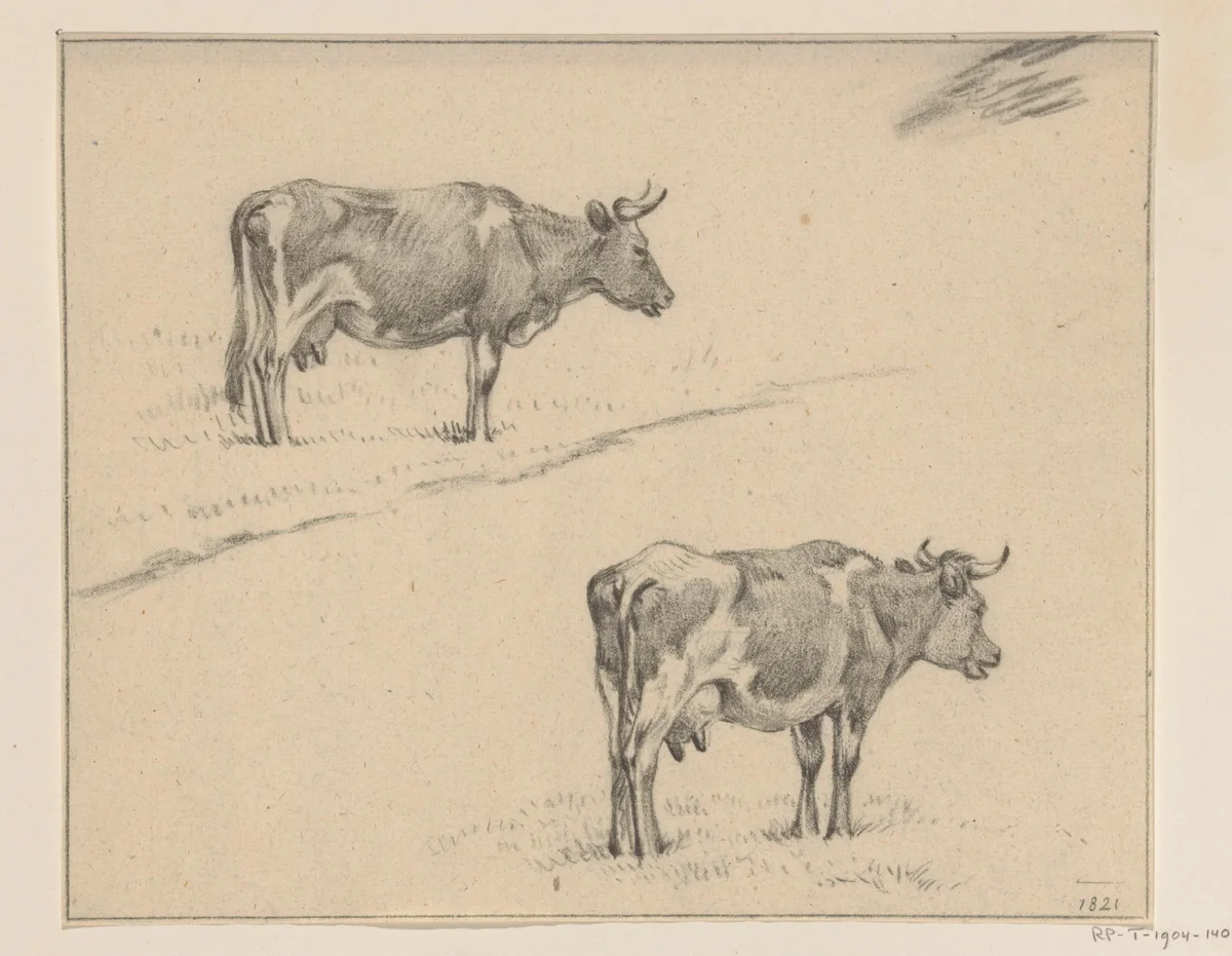 Twee schetsen van een staande koe, naar rechts by Jean Bernard, drawing, 1821