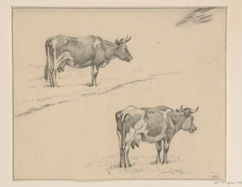 Twee schetsen van een staande koe, naar rechts by Jean Bernard, drawing, 1821