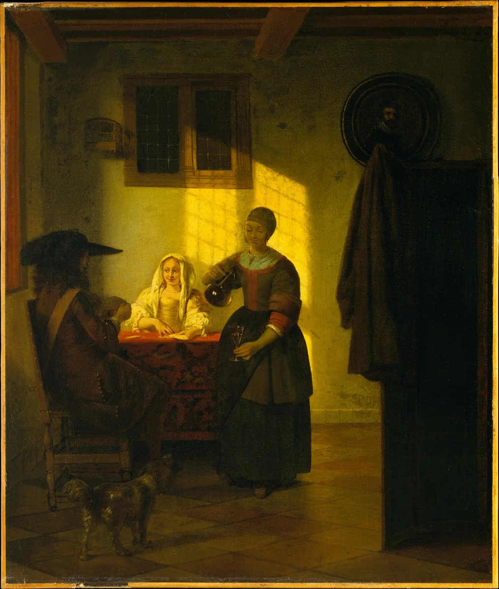 A Couple Playing Cards, with a Serving Woman by Pieter de Hooch, painting, 1662-1678