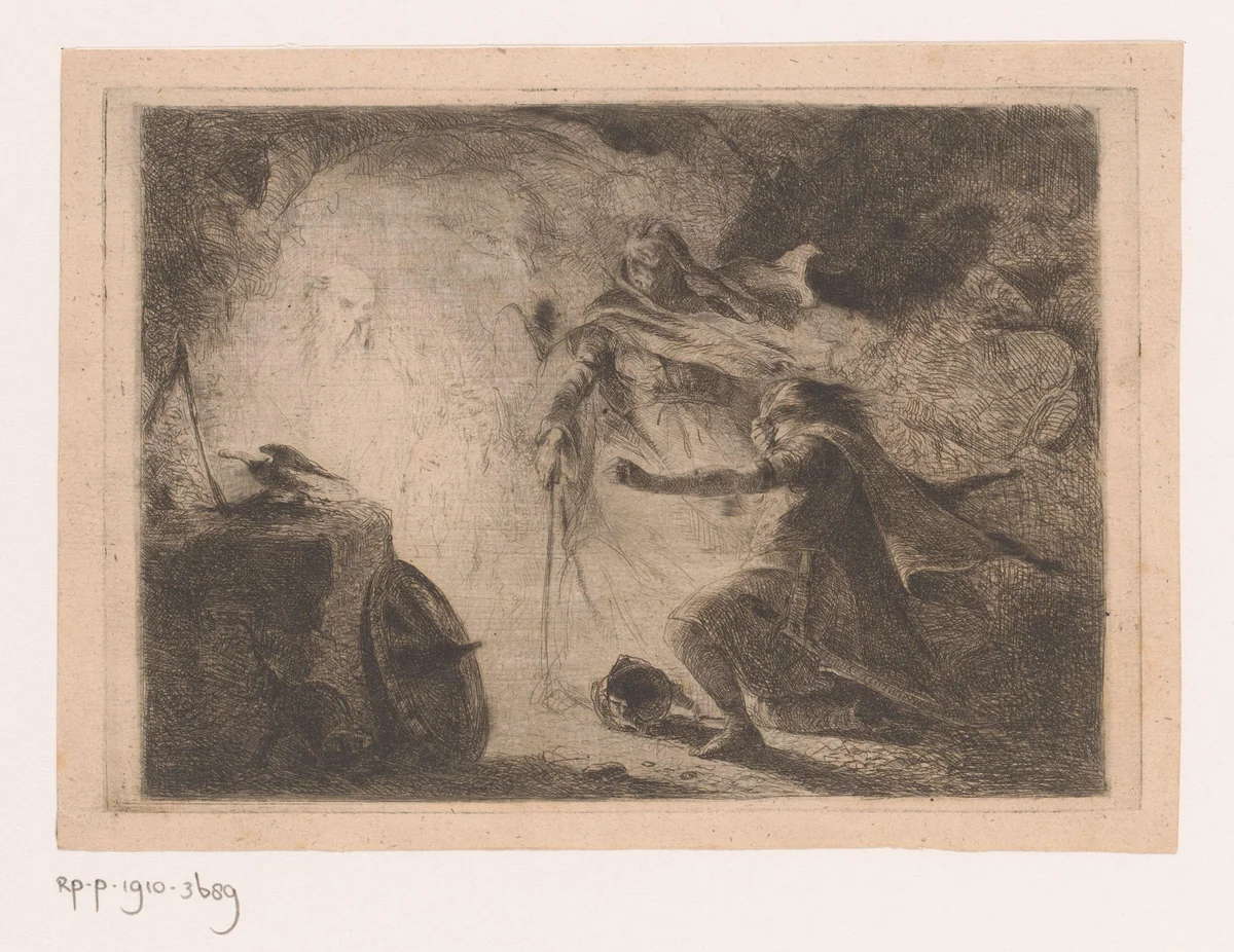 Saul bij de heks van Endor by Edouard Hamman, print, 1843