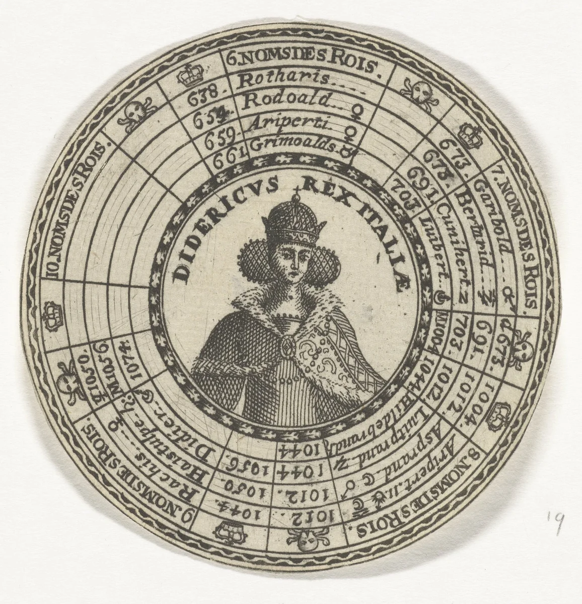 Penning met het portret van koning Diederik en de namen van Italiaanse koningen by anonymous, print, 1704-1720