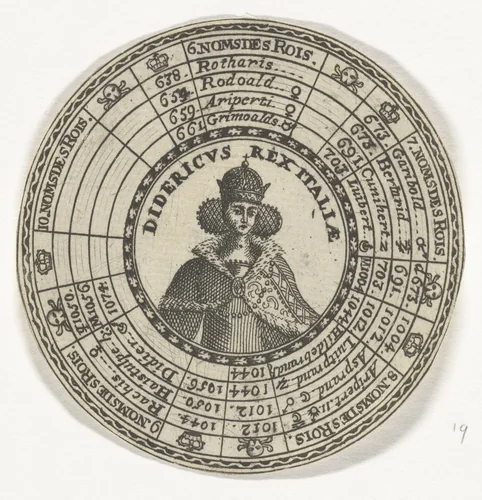 Penning met het portret van koning Diederik en de namen van Italiaanse koningen by anonymous, print, 1704-1720