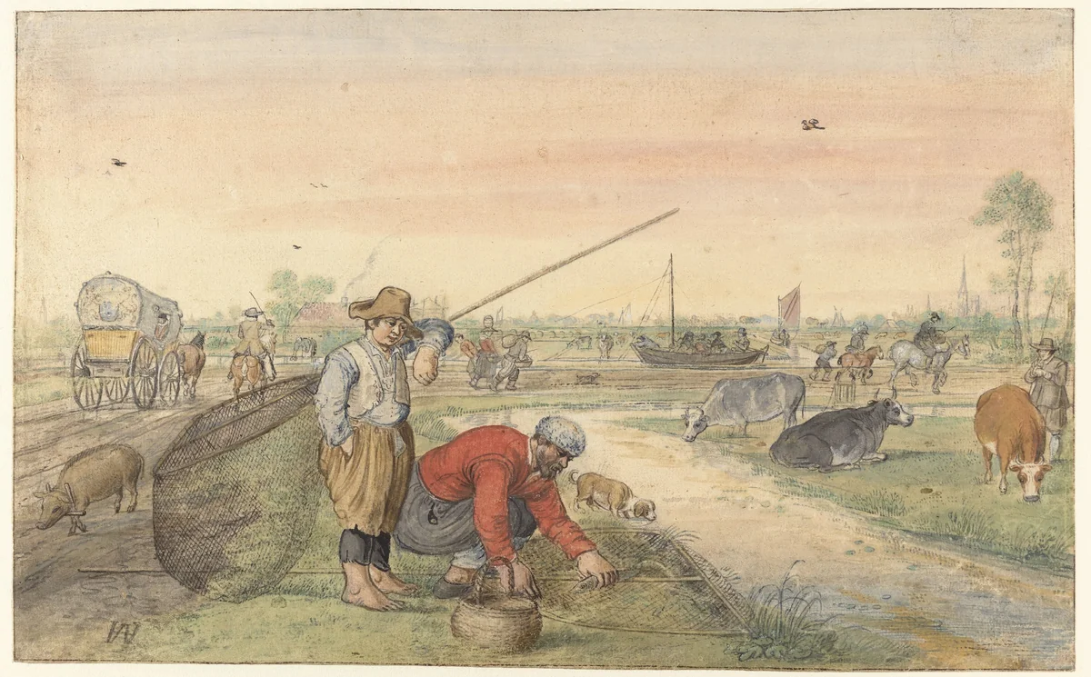 Landscape with Two Eel Fishermen by a Ditch by Hendrick Avercamp, drawing, 1625-1630