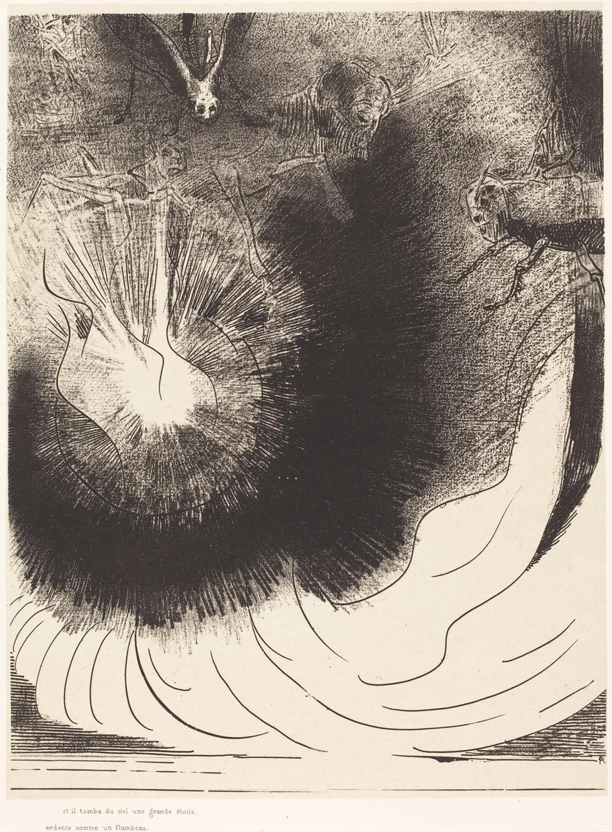 Et il tombe du ciel une grande etoile ardente (And there fell a great star from heaven burning as it were a lamp) by Odilon Redon, print, 1899
